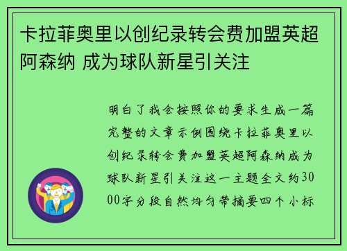 卡拉菲奥里以创纪录转会费加盟英超阿森纳 成为球队新星引关注