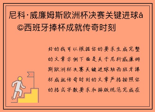 尼科·威廉姆斯欧洲杯决赛关键进球助西班牙捧杯成就传奇时刻